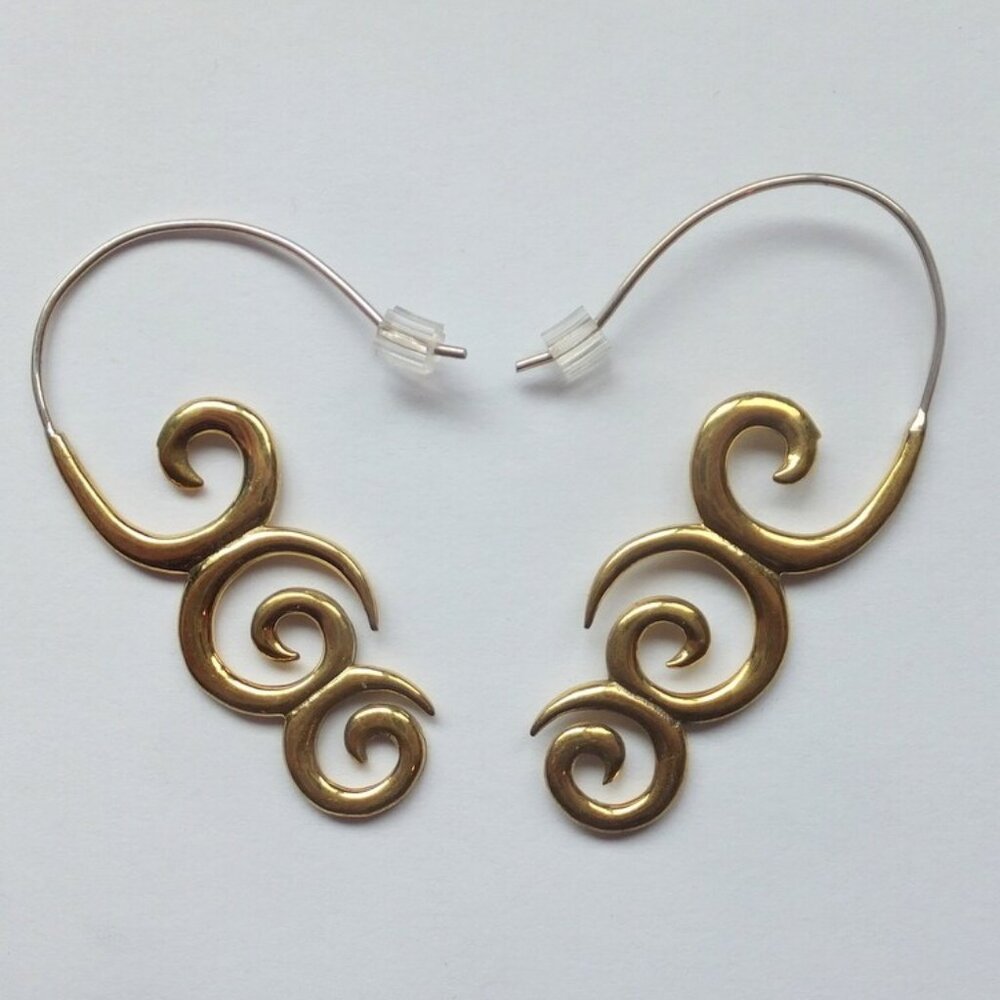 Triple Spiral Hook Earrings in Yellow Brass ~ Sterling ear wires, hand cast boho